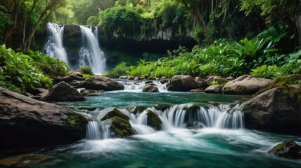 Serenity in Nature: A Stunning Waterfall Surrounded by Lush Greenery and Tranquil Waters in a Pristine Tropical