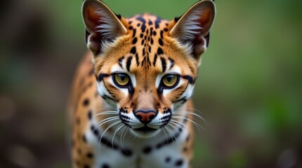 Close-up of a Serval cat, its intense gaze captivating against a softly blurred green background. The cat's spotted coat and alert expression create a striking image.