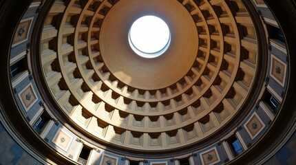 Looking up at the magnificent dome of a historical building, showcasing its intricate design and architectural details. The oculus lets in a shaft of natural light.