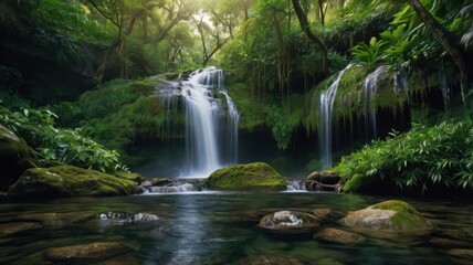 Obraz premium Serenity in Nature: A Stunning Waterfall Surrounded by Lush Greenery and Tranquil Waters in a Pristine Tropical