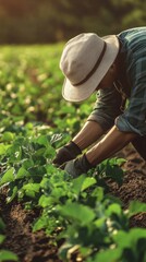 Fototapeta premium man cultivating on his farm with copy space vertically 9:16