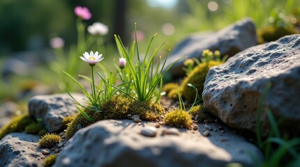 Delicate wildflowers bloom amidst mossy rocks, bathed in the soft light of the setting sun. A tranquil scene of natural beauty.