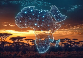 Digital Network Map of Africa Over Sunset Landscape Background