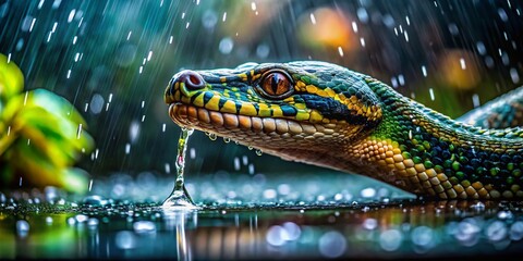 Fototapeta premium Serpent in Rain: Water Droplets, Reflection, Documentary Photography
