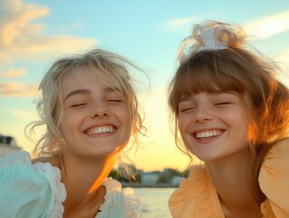 Two best friends share infectious laughter on a pier, a vibrant sunset casting a warm glow, showcasing the beauty of relationships and strong friendships, celebrating shared joy and deep