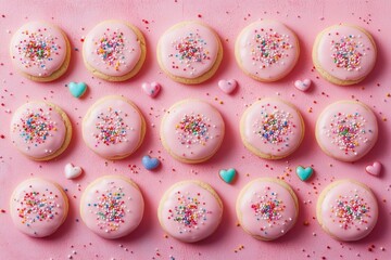 A delightful arrangement of sugar cookies topped with pink icing and colorful sprinkles on a pink background, accompanied by heart-shaped candies