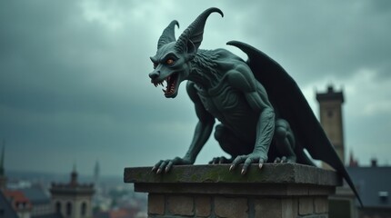 A menacing gargoyle statue perched atop a stone structure, its ominous gaze fixed on the cityscape below. The moody atmosphere is enhanced by the overcast sky.