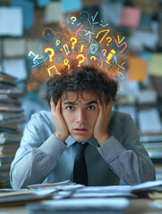 In a cluttered office, a male manager sits at his desk, visibly stressed as he holds his head