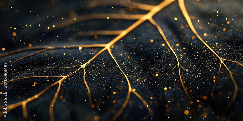 Poster leaf with a golden vein is surrounded by a dark background