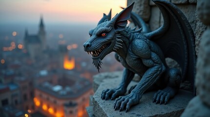 Fototapeta premium A majestic stone gargoyle, perched atop a weathered stone structure, gazes over a city bathed in the warm glow of twilight. Its detailed features and intense expression add to its mythical aura.