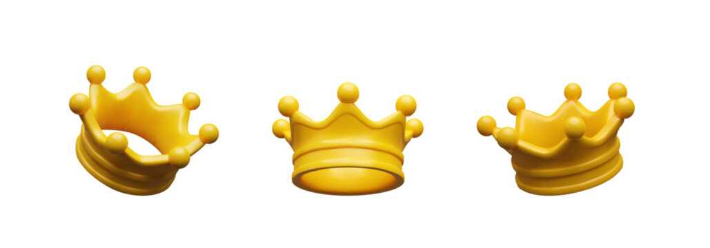 3d render set gold crown. Three-dimensional vector illustration monarch icon. King, queen, princess, prince - royalty symbol. Classic casino reward. Emperor collection diadem is power. Luxury tressure