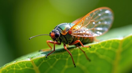 Fototapeta premium Close-up of a vibrant insect with iridescent green and orange hues, perched on a lush green leaf. Nature's tiny jewel.