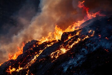 Fototapeta premium A fire is burning on a mountain side