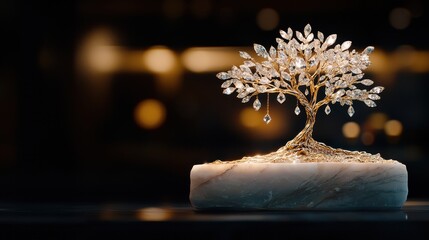 Fototapeta premium Elegant Jewelry Stand in Tree of Life Shape with Crystals and Base Stone