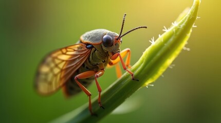 Close-up of a vibrant insect with translucent wings perched on a slender green plant, bathed in warm sunlight. The intricate details of its body are stunning.