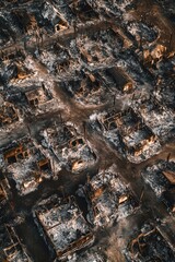 Fototapeta premium Aerial view of a neighborhood affected by fire, showing destroyed buildings and debris