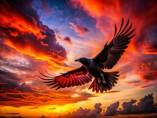 Obraz premium Silhouette of a Raven in Fiery Crimson Sky, Dramatic Flight at Sunset