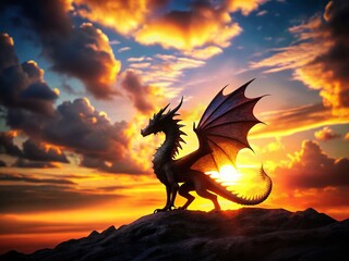 Silhouette of a Soft Cuddly Dragon with Wings at Sunset