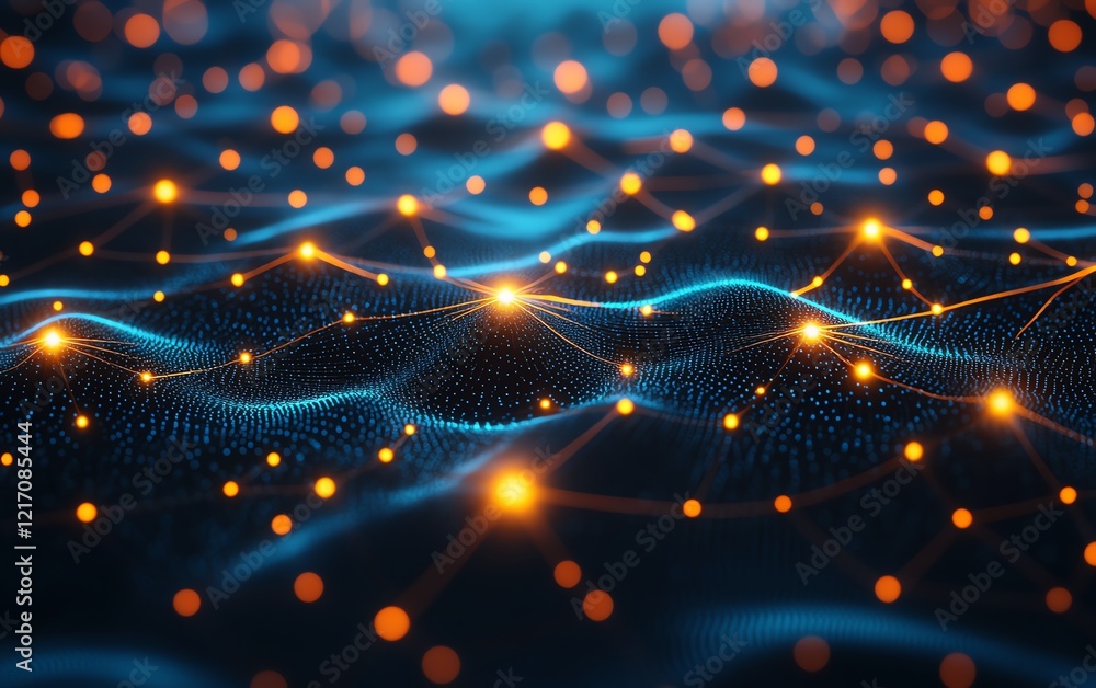 Poster generative ai concept with glowing light bulb on blue background, connected by lines, digital networ