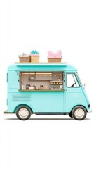 A vintage turquoise food truck with a counter and baskets on top, set against a transparent background.
