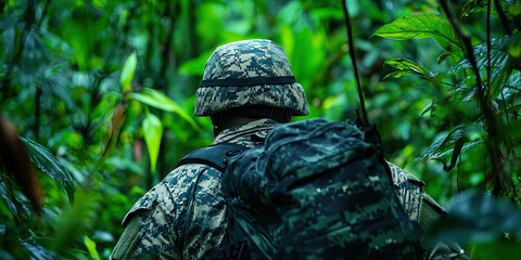 Camouflaged Soldier in Tropical Foliage