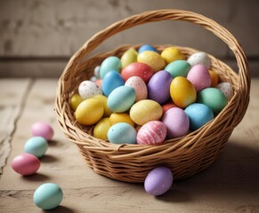 Fototapeta premium Group of colorful Easter eggs in a wicker basket, holidays, decorative