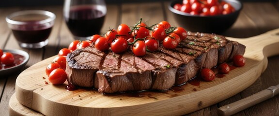 Fototapeta premium Grilled Steak with Cherry Tomatoes and Red Wine Sauce on a Wooden Plank , wooden plank, al fresco dinner