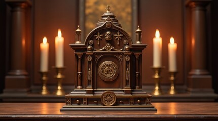 Ornate wooden altar piece with gold accents sits on a dark wooden surface, surrounded by lit candles. The rich, warm tones create a serene and spiritual ambiance.
