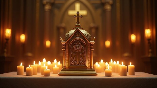 Golden religious tabernacle sits among many lit candles in a dimly lit church. A peaceful and spiritual scene.