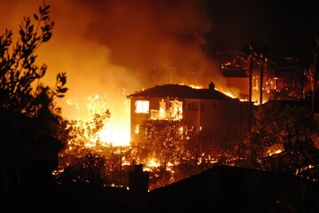 A house engulfed in flames during the night