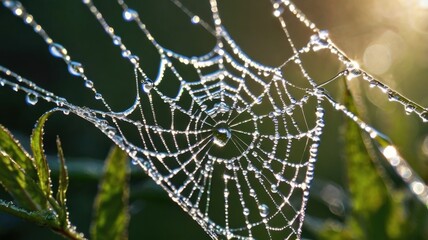 Fototapeta premium Magnificent Morning Dew on a Delicate Spider Web: A Captivating Display of Nature's Intricate Beauty and the Art of Light