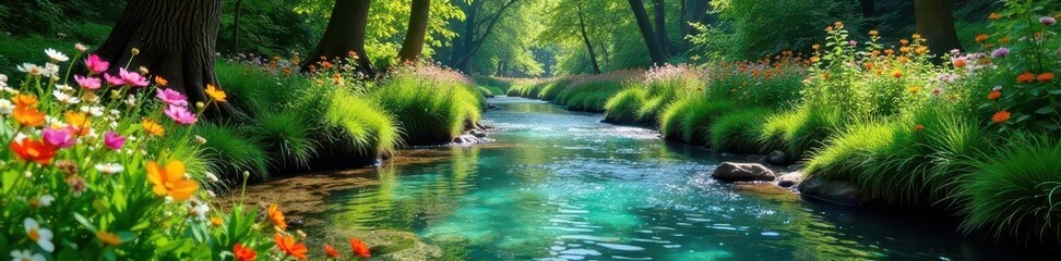 Crystal clear spring water meanders through vibrant forest, wildflowers blooming nearby , creek, ecology