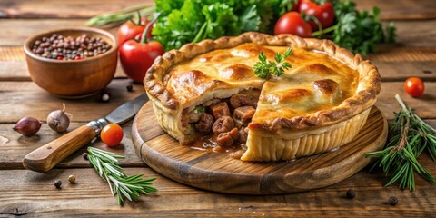 Hearty beef stew pie with a golden crust on a rustic wooden cutting board surrounded by fresh herbs and spices , home cooking, rustic kitchen