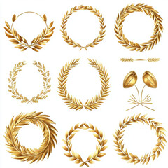 Golden laurel wreaths in various designs, perfect for decoration and awards. These elegant motifs symbolize victory and achievement, adding touch of sophistication to any project