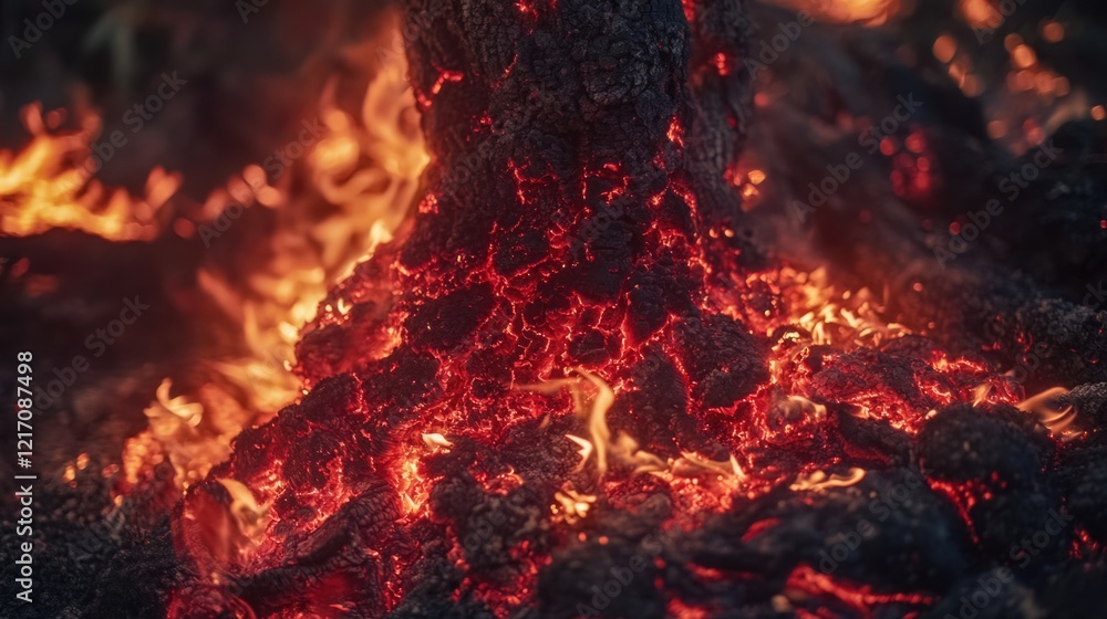 Poster flames engulfing a log with a silhouette of a tree in the background