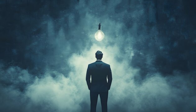 A solitary man in a suit stands under a glowing light bulb that illuminates the foggy atmosphere, symbolizing inspiration, ideas, and the pursuit of knowledge in a mysterious setting.