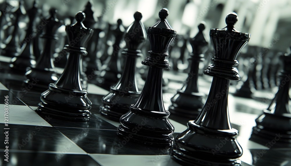 Poster Black chess pieces arranged strategically on a chessboard, highlighting the depth and intricacy of a classic game of strategy and intellect played indoors.