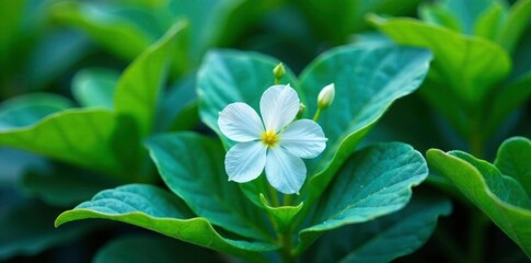 Obraz premium Emerald green leaves and turquoise flower petals surrounding a delicate white flower, colorful, foliage, garden