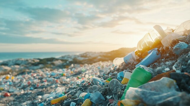 Man stands in front of pile of garbage,plastic bottles and containers,environmental destruction.