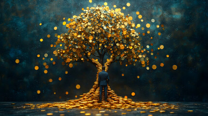 Businessman Ascending Golden Stairs Towards a Luminous Gold Tree of Wealth