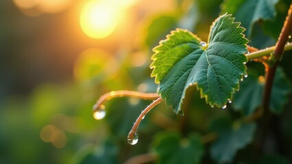 Close-up of hops plant with water droplets at sunrise	