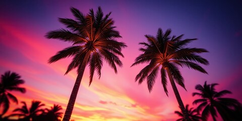 Obraz premium Tropical Paradise Sunset Two Silhouetted Palm Trees Against a Vibrant Sky