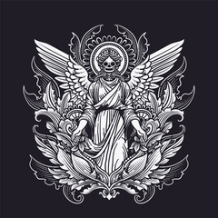 Angel with wings. Hand drawn vector illustration. Tattoo art
