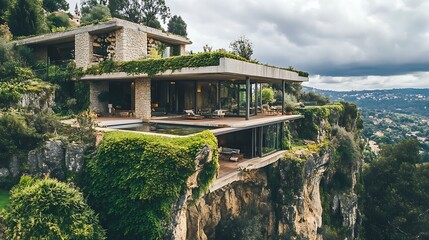 A cliffside house with dynamic layers and cascading greenery features