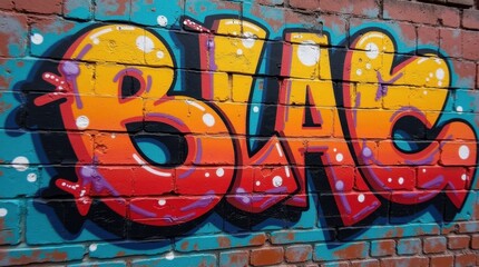 Vibrant graffiti art on a brick wall. The bold letters are painted in a mix of orange, yellow, red,...