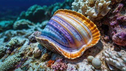 A Vibrant and Colorful Seashell Nestled Amongst Coral Reefs, Capturing the Essence of Marine Biodiversity and Underwater Beauty in a Picturesque Aquatic