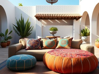 A Moroccan-inspired pouf and pillows on a comfortable sofa in an Andalusian patio, patios, calm, cozy
