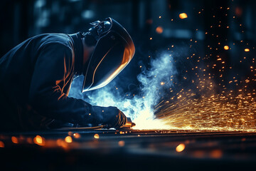 Worker working with metal. Industrial man welding with electric arc, metalwork with steel, workshop construction with tools