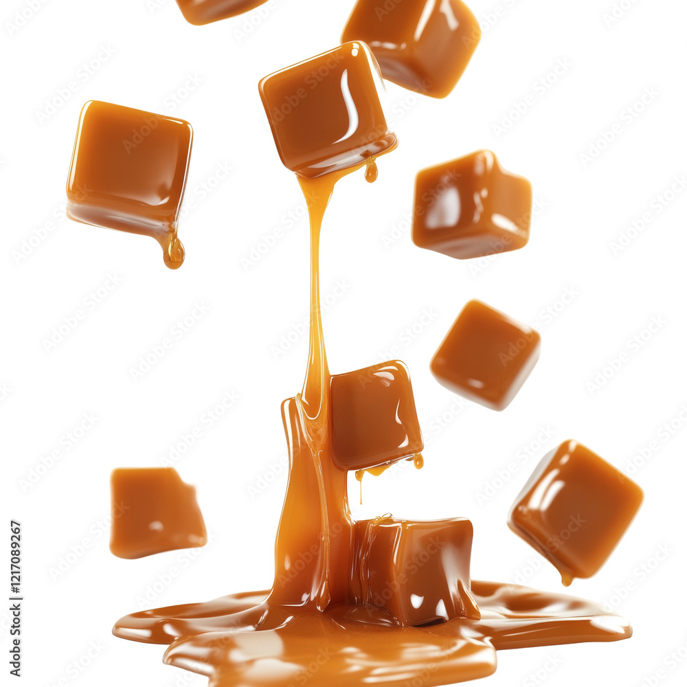 Aufkleber Multiple caramel candies falling and pouring onto a surface creating a sweet and visually appealing image.