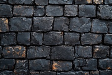 Obraz premium A close-up shot of a rough-textured black stone wall with cracks and imperfections